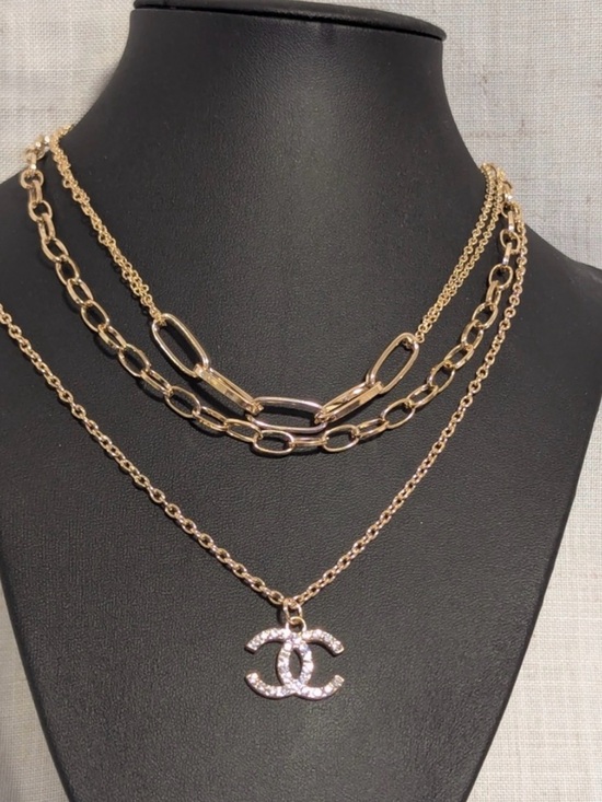 Jewelry - Gold or Silver Layered Chain Necklace with Fashion Logo Pendant